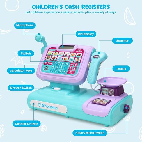 POQCCT Play لعبة تسجيل النقود مع ماسح ضوئي للأطفال - آلة حاسبة ناطقة مسجلة للنقود مع ميكروفون الترحيل، بطاقة الائتمان، لعب المال لعمر 3 سنوات، أزرق، 21 قطعة in Kuwait