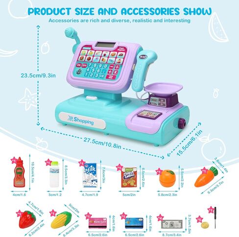 POQCCT Play لعبة تسجيل النقود مع ماسح ضوئي للأطفال - آلة حاسبة ناطقة مسجلة للنقود مع ميكروفون الترحيل، بطاقة الائتمان، لعب المال لعمر 3 سنوات، أزرق، 21 قطعة in Kuwait