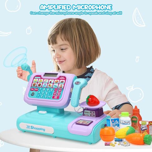 POQCCT Play لعبة تسجيل النقود مع ماسح ضوئي للأطفال - آلة حاسبة ناطقة مسجلة للنقود مع ميكروفون الترحيل، بطاقة الائتمان، لعب المال لعمر 3 سنوات، أزرق، 21 قطعة in Kuwait