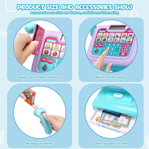 POQCCT Play لعبة تسجيل النقود مع ماسح ضوئي للأطفال - آلة حاسبة ناطقة مسجلة للنقود مع ميكروفون الترحيل، بطاقة الائتمان، لعب المال لعمر 3 سنوات، أزرق، 21 قطعة in Kuwait