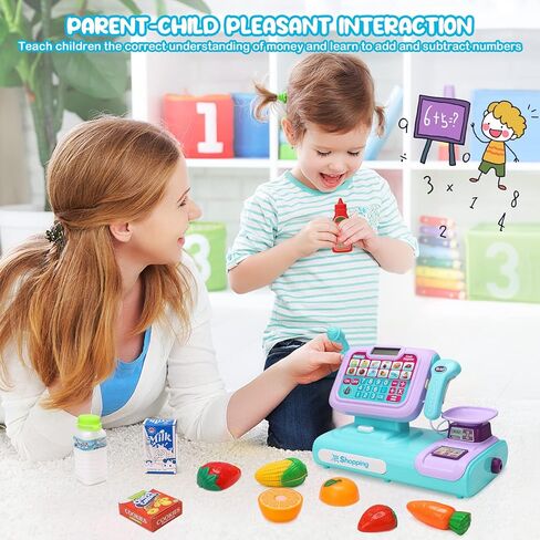 POQCCT Play لعبة تسجيل النقود مع ماسح ضوئي للأطفال - آلة حاسبة ناطقة مسجلة للنقود مع ميكروفون الترحيل، بطاقة الائتمان، لعب المال لعمر 3 سنوات، أزرق، 21 قطعة in Kuwait