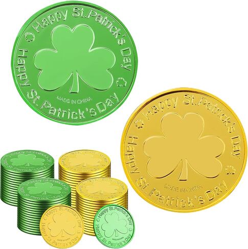 SpinLaLa St. Patrick's Day Gold Coins - 100 Pieces Gold Green Lucky Coins Plastic Shamrock Leprechaun Coins, 3-Leaf Clover Coin for Party Decoration Favors in Saudi Arabia