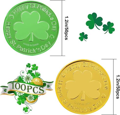 SpinLaLa St. Patrick's Day Gold Coins - 100 Pieces Gold Green Lucky Coins Plastic Shamrock Leprechaun Coins, 3-Leaf Clover Coin for Party Decoration Favors in Saudi Arabia