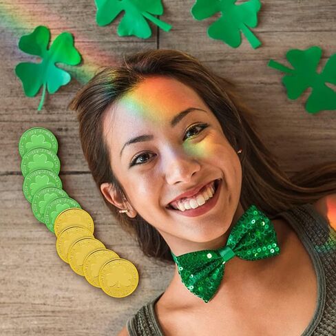 SpinLaLa St. Patrick's Day Gold Coins - 100 Pieces Gold Green Lucky Coins Plastic Shamrock Leprechaun Coins, 3-Leaf Clover Coin for Party Decoration Favors in Saudi Arabia