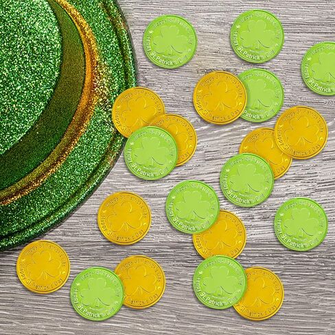 SpinLaLa St. Patrick's Day Gold Coins - 100 Pieces Gold Green Lucky Coins Plastic Shamrock Leprechaun Coins, 3-Leaf Clover Coin for Party Decoration Favors in Saudi Arabia