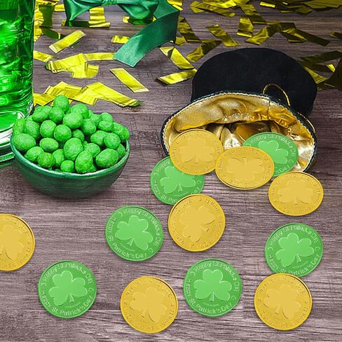SpinLaLa St. Patrick's Day Gold Coins - 100 Pieces Gold Green Lucky Coins Plastic Shamrock Leprechaun Coins, 3-Leaf Clover Coin for Party Decoration Favors in Saudi Arabia