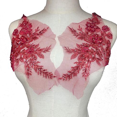 Heyiwell 1 Pair 3D Luxury Beaded Flower Embroidery Patches Applique Lace Floral Motif for Wedding Dress Sewing Lace Decor 24 x13cm(Bean Pink) in Kuwait