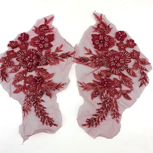Heyiwell 1 Pair 3D Luxury Beaded Flower Embroidery Patches Applique Lace Floral Motif for Wedding Dress Sewing Lace Decor 24 x13cm(Bean Pink) in Kuwait