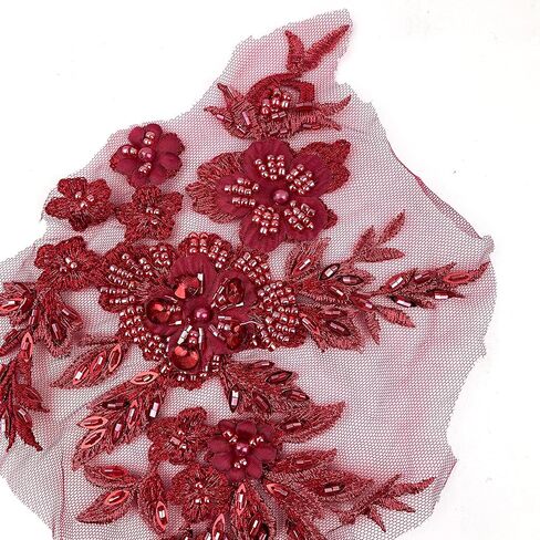 Heyiwell 1 Pair 3D Luxury Beaded Flower Embroidery Patches Applique Lace Floral Motif for Wedding Dress Sewing Lace Decor 24 x13cm(Bean Pink) in Kuwait