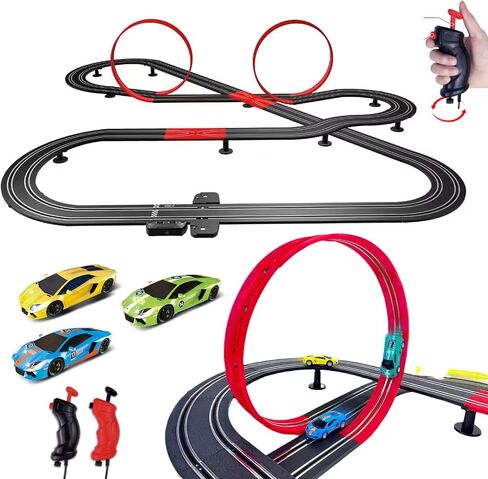 GINCHO High Speed Series Tram Dual Track Set, 8.2m Electric Track with 3 Vehicles Slot car Racing, Comes with 2 Hand Controls and Track Parts and a Lap Counter，Toys Gifts for 8 9 10 11 12 Boys Girls in Kuwait