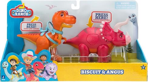Dino Ranch Deluxe Dino 2-Pack - Features Biscuit, a 5-Inch Toy T-Rex, and Angus, a 4-Inch Toy Triceratops - for Kids Featuring Your Favorite Pre-Westoric Ranchers in Kuwait