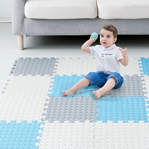 16 Tiles Foam Play Mat, Soft & Safe EVA Foam Mats for Floor, Square Play Mat, Kids Foam Puzzle Floor Mat, 47x47 Play Mat for Playpen(Dark Blue/Gray Blue/Light Blue/Blue) in Saudi Arabia
