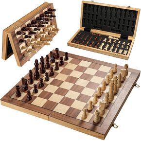 Vahome Magnetic Chess Board Set for Adults & Kids, 15" Wooden Folding Chess Boards, Handcrafted Portable Travel Chess Game with Pieces Storage Slots & 2 Extra Queens