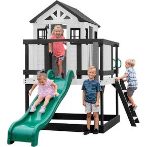 Backyard Discovery Echo Heights مسرح سيدار مرتفع، مطبخ لعب، خلاط كهربائي، جرس عمل، شريحة موجة بطول 6 أقدام، سطح ملتف حول سطح السفينة، سلم مسطح، مخطط نمو