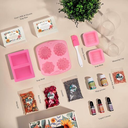 لوازم أدوات صنع الصابون المصنوعة يدويًا، مجموعة أدوات صنع الصابون وصب الصابون للبالغين: تتضمن قاعدة صابون بوزن 2 رطل، وزهور مجففة، وصبغة، وقالب سيليكون، وكوب قياس، ومجموعة صابون يدوية الصنع مخصصة in Kuwait