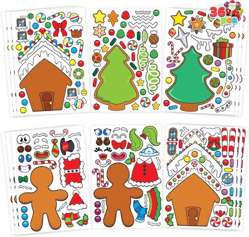 JOYIN 36 PCS Christmas Make-a-face Sticker Sheets Make Your Own Christmas Gingerbread Sticker Series and Trees Sticker Sheets Kids Party Favor Supplies Craft in Saudi Arabia