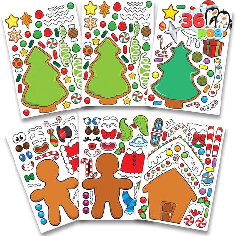 JOYIN 36 PCS Christmas Make-a-face Sticker Sheets Make Your Own Christmas Gingerbread Sticker Series and Trees Sticker Sheets Kids Party Favor Supplies Craft in Saudi Arabia