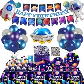 175 Pcs Outer Space Party Decorations Kits,Galaxy Birthday Party Supplies Include Banner Tablecloth Plates Cups Napkins Cake Toppers Sticker UFO Astronaut Balloons for Boys (Outer Space) in Saudi Arabia