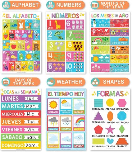 Hadley Designs 12 Spanish Educational Posters, Bilingual Learning Chart for Prek, Kindergarten & 1st Grade Kids, Classroom Decorations, Alphabet, Colors, Numbers, Months of the Year, Days of the Week in Saudi Arabia