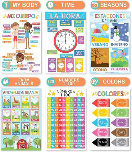 Hadley Designs 12 Spanish Educational Posters, Bilingual Learning Chart for Prek, Kindergarten & 1st Grade Kids, Classroom Decorations, Alphabet, Colors, Numbers, Months of the Year, Days of the Week in Saudi Arabia