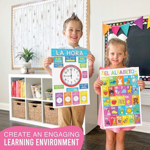 Hadley Designs 12 Spanish Educational Posters, Bilingual Learning Chart for Prek, Kindergarten & 1st Grade Kids, Classroom Decorations, Alphabet, Colors, Numbers, Months of the Year, Days of the Week in Saudi Arabia