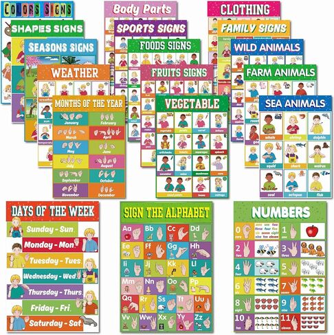 YIYDONG 24 ASL Posters America Sign Language Posters for Classroom ASL Education Charts for Toddlers Kids Students Classroom Decor (Black) in Kuwait