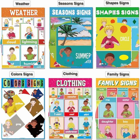 YIYDONG 24 ASL Posters America Sign Language Posters for Classroom ASL Education Charts for Toddlers Kids Students Classroom Decor (Black) in Kuwait