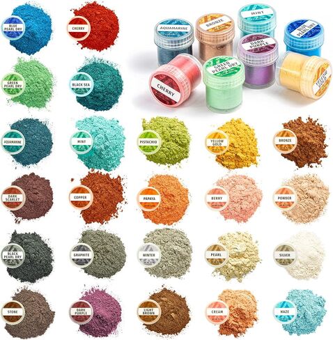 مسحوق ميكا لراتنجات الإيبوكسي - مسحوق صبغة إيبوكسي 24 لونًا - مسحوق ميكا لؤلؤي للراتنج - صبغة الصابون - مسحوق صبغة الراتنج - مجموعة 24 برطمان in Kuwait
