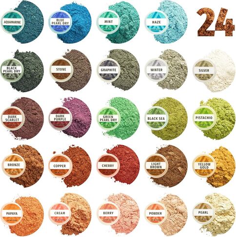 مسحوق ميكا لراتنجات الإيبوكسي - مسحوق صبغة إيبوكسي 24 لونًا - مسحوق ميكا لؤلؤي للراتنج - صبغة الصابون - مسحوق صبغة الراتنج - مجموعة 24 برطمان in Kuwait