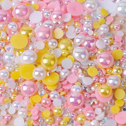 1100PCS Flatback Pearls and Rhinestone, Mixed Size 3mm-10mm AB Color Resin Rhinestones Half Pearls for Crafts, 30g Half Round Flatback Pearls Rhinestones for Nail Face Art Crafts in Kuwait