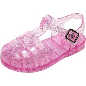 kmkaren Toddler Girls Jelly Shoes Summer Beach Retro Jellies Sandals T-Strap Slingback Little Kids Glitter Crystal Clear Blue Size 7 Soft Closed Toe Princess Flats
