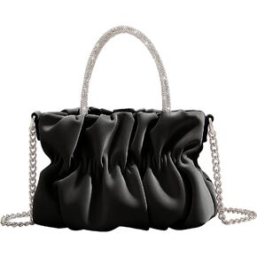 MOMOJULI Women Evening Purse Handbags Rhinestone Handle Soft Leather Ruched Bag Bridal Clutch Wedding Party Crossbody Bag