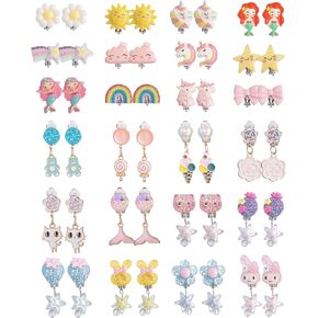 loremow 24 زوجًا من الأقراط المشبكية للأطفال للفتيات الصغيرات اللطيفة على شكل زهرة قوس قزح وحيوان وحيد القرن المتدلي للفتيات مجموعة أقراط غير مثقوبة للأطفال مجموعة مجوهرات لا تسبب الحساسية in Kuwait