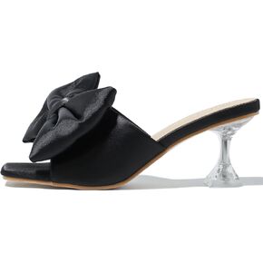 Heiyom Women's Square Toe Low Stilettos Heels Mules Sandals Slip on Satin Bow Heels Wedding Bridal Party Dress Shoes