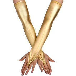 Yikisdy Fashion Fingerless Gloves Shiny Long Elastic Glove Metalic Satin Gloves Party Rave Costume Glove for Women and Girl