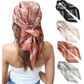 CHLINS 27 Inches Silk Feeling Square Head Scarf - 4 Pcs Satin Square Head Scarves for Women Hair Bandanas