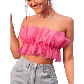 Verdusa Women's Layered Ruffle Trim Strapless Organza Tube Top Crop Blouse