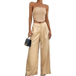 WDIRARA Women's Satin Pants Wide Leg High Waisted Loose Elegant Office Simple Pants