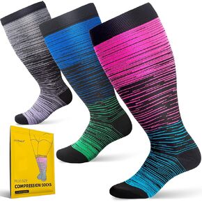 RAYSHARP 3 Packs Plus Size Compression Socks Wide Calf for Women and Men - 20-30 mmhg Knee High Stockings for Big Swollen Leg