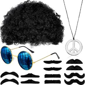 WILLBOND Hippie Afro Wig Disco Accessories Costume Set for Men Sunglasses Peace Sign Necklace Moustache for 50/60/70s Retro Theme Party (Brown)