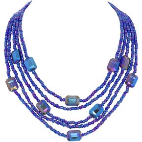 COIRIS Multi Seed Bead Strand Necklace with Acrylic Rectangular Beads Chunky Bib Statement Rice Beads Collar Necklace