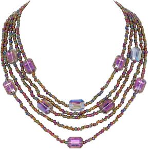 COIRIS Multi Seed Bead Strand Necklace with Acrylic Rectangular Beads Chunky Bib Statement Rice Beads Collar Necklace