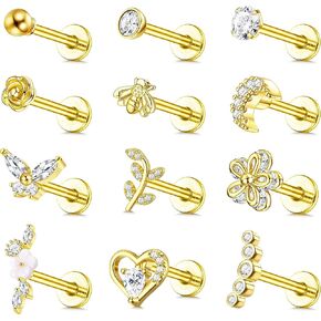 YADOCA 12Pcs 16G Tragus Earrings for Women Cartilage Earring Flat Back Stainless Steel Top Screw CZ Butterfly Bee Flower Moon Heart Flatback Stud Earrings Labret Conch Helix Cartilage Tragus Piercing Jewelry Set