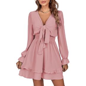LYANER Women's Tie Front Plunge V Neck Ruffle Layer Long Sleeve Sexy Mini Dress