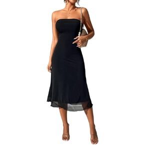WDIRARA Women's Solid Mesh Strapless Backless Tube Bodycon Party Midi Club Dress