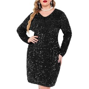 IN'VOLAND Womens Sequin Dress Plus Size V Neck Party Cocktail Sparkle Glitter Evening Stretchy Mini Bodycon Dresses