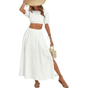 Umenlele Women's Casual 2 Piece Outfits Puff Short Sleeve Crop Top Flared Slit Maxi Skirt Set in Saudi Arabia
