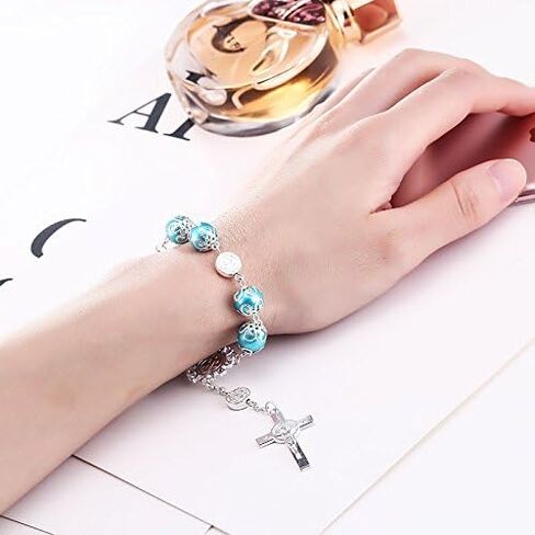 One Decade Auto Rosary Beads Catholic Bracelet Saint St Benedict Crucifix Divine Mercy Gift in Kuwait