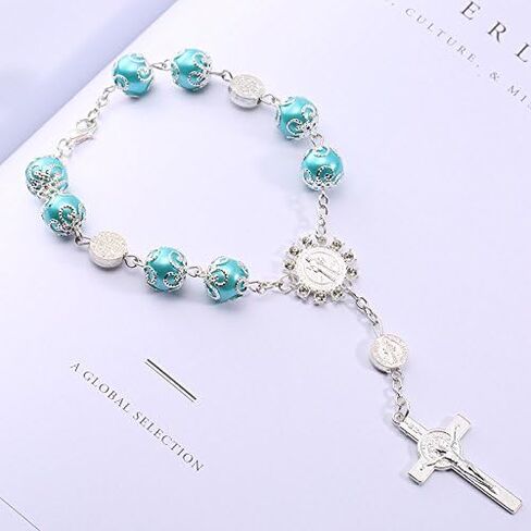 One Decade Auto Rosary Beads Catholic Bracelet Saint St Benedict Crucifix Divine Mercy Gift in Kuwait