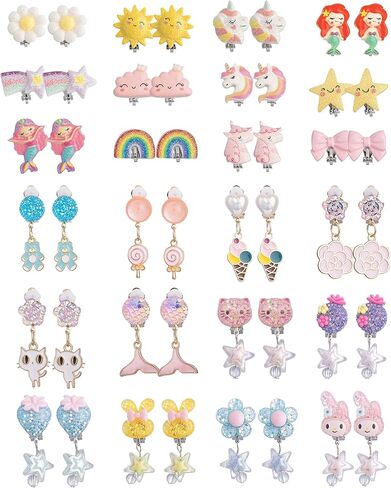 loremow 24 زوجًا من الأقراط المشبكية للأطفال للفتيات الصغيرات اللطيفة على شكل زهرة قوس قزح وحيوان وحيد القرن المتدلي للفتيات مجموعة أقراط غير مثقوبة للأطفال مجموعة مجوهرات لا تسبب الحساسية in Kuwait